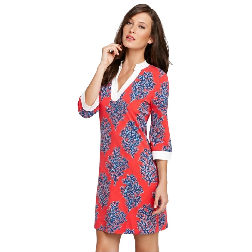 Lilly Pulitzer Dress XS Red Coral Joy Tunic Seahorse Shift 3/4 Sleeve V-Neck